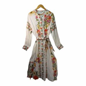 BORGO DE NOR Camilla Floral Linen Midi Dress L Tropical Oversized Beach Vacation